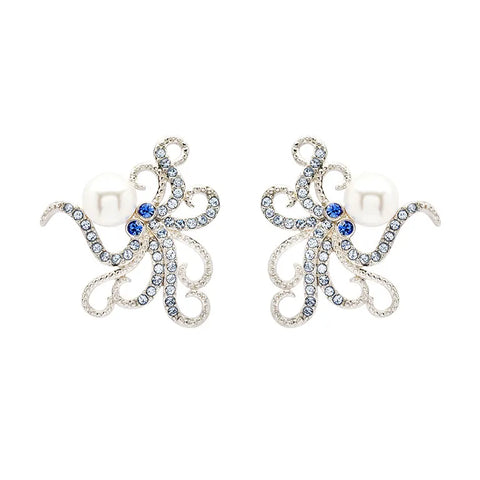 STERLING SILVER PEARL AND CRYSTAL OCTOPUS EARRINGS