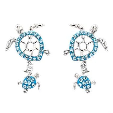 STERLING SILVER AQUA CRYSTAL TURTLE EARRINGS