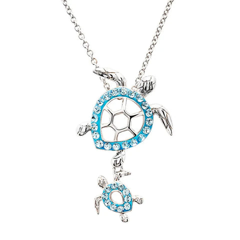 STERLING SILVER AQUA CRYSTAL TURTLE NECKLACE